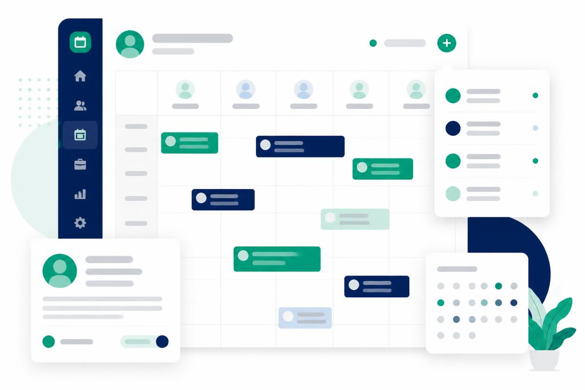 Interfaz de AgendApp con calendario de citas, tarjetas de clientes y recordatorios automáticos