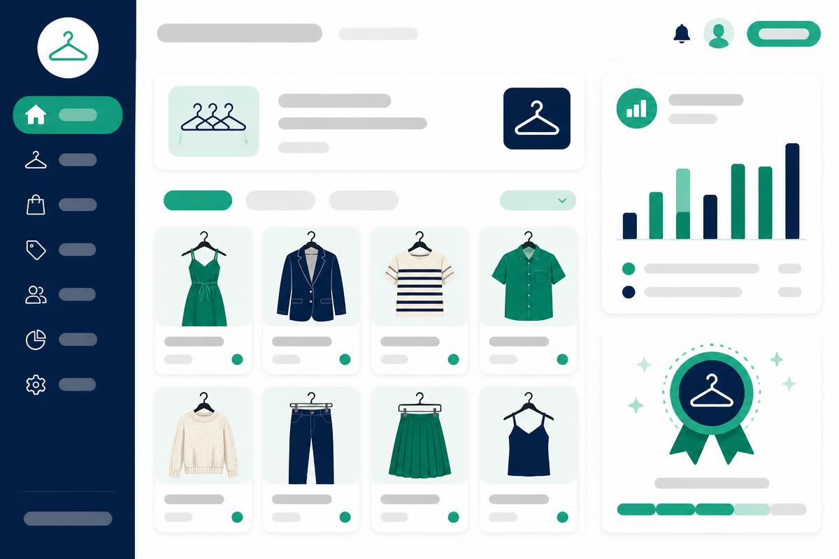 Interfaz de Boutique Flow con catálogo de prendas, control de inventario y gráfico de ventas