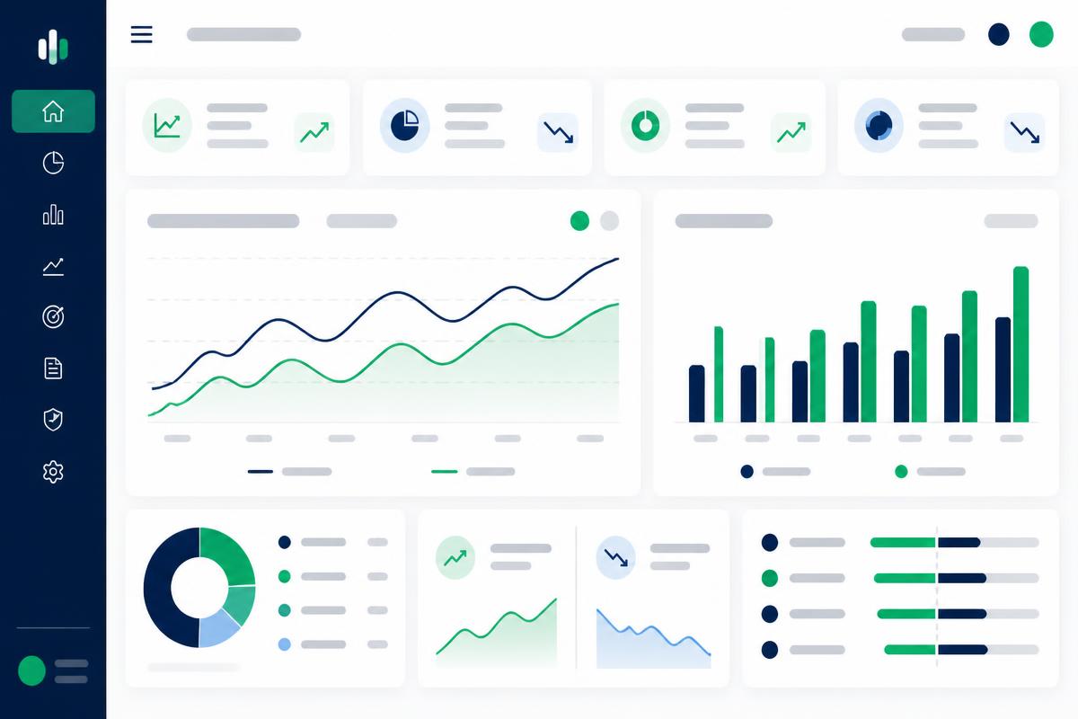 Dashboard de FinanzApp con indicadores financieros, gráficos de tendencia y comparativos