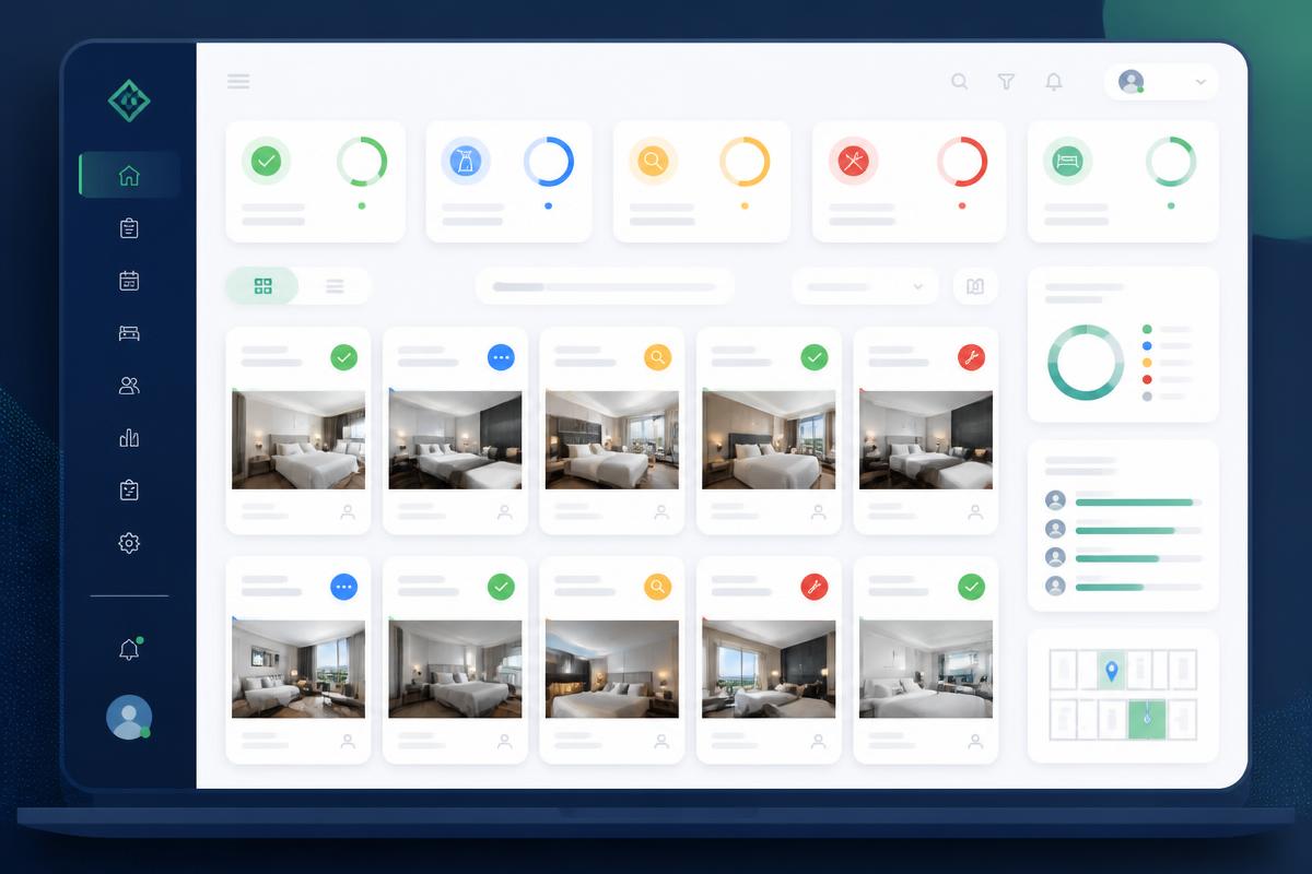 Panel de HotelFlow con habitaciones identificadas por estado de limpieza, inspección y mantenimiento