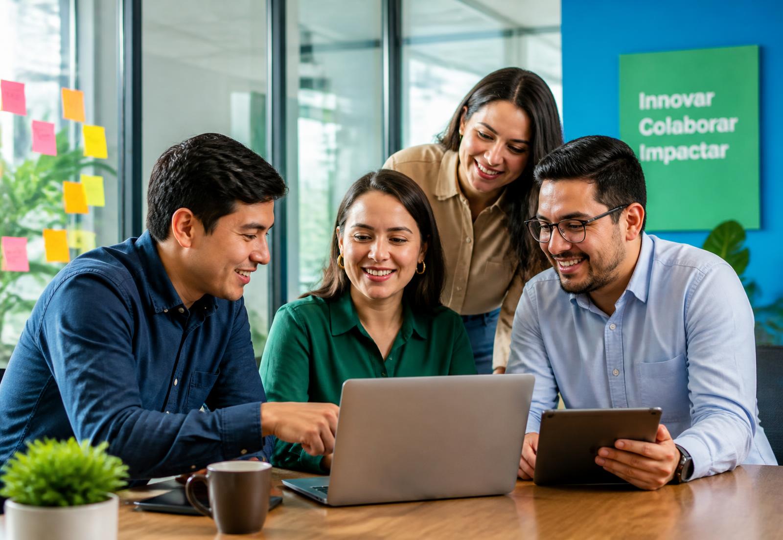 Equipo de trabajo revisando indicadores de su negocio en una laptop y una tableta